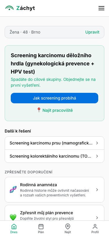Ukážka personalizovaného prehľadu v aplikácii Záchyt